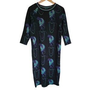 Vintage Bernie Blue Metallic Jacquard Faces Sweater Dress Small Made in US